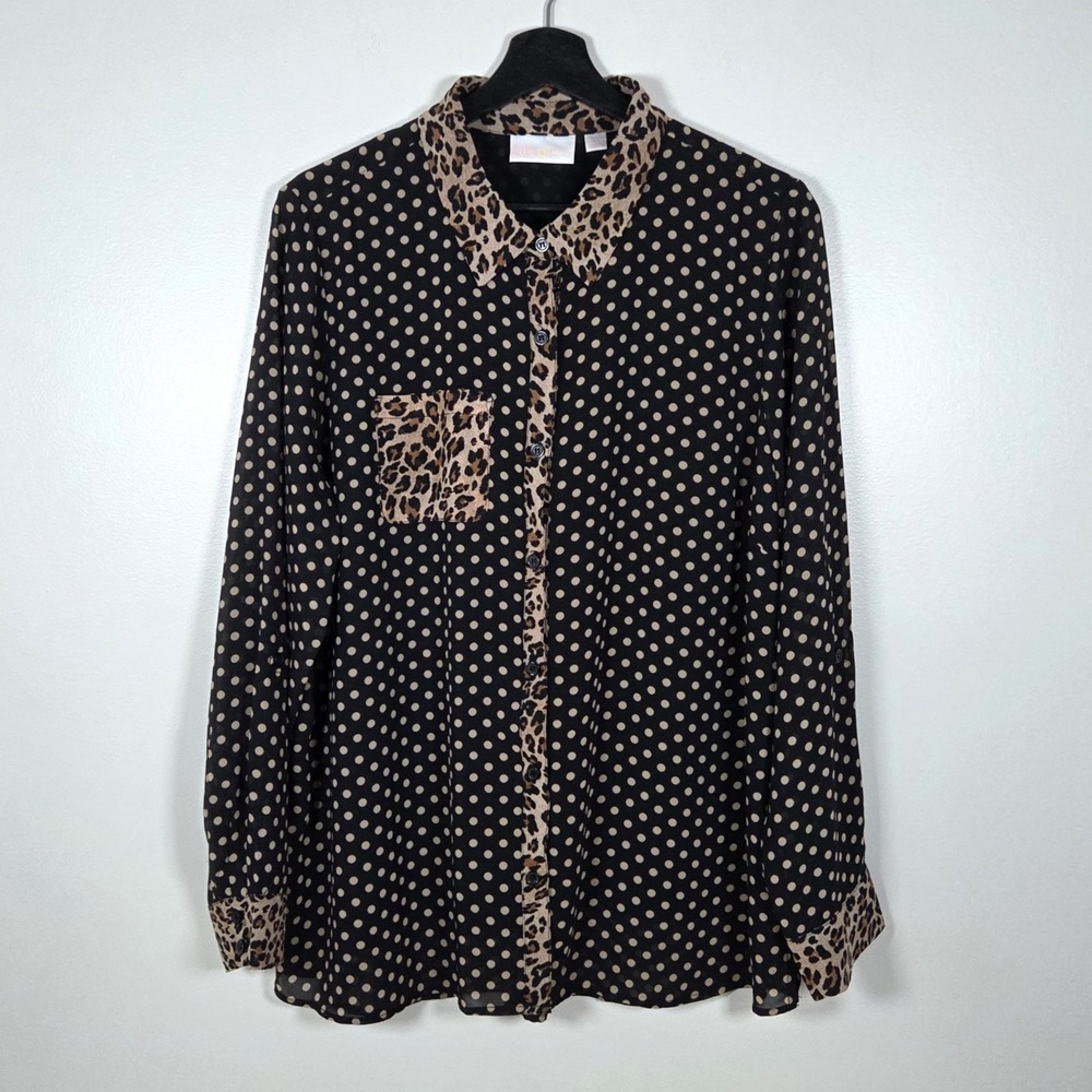Belle by Kim Gravel Polka Dot Blouse Leopard Trim Sz L Roll Tab Sleeves
